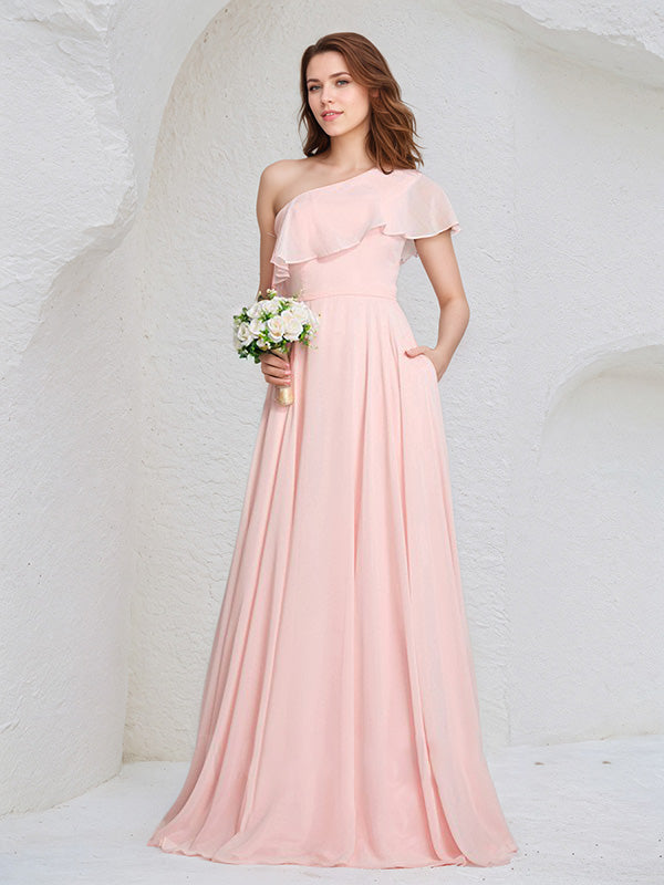 Vestido de Dama de Honra Longo em Chiffon Rosa, Sem Mangas, com Um Ombro Só e Babados