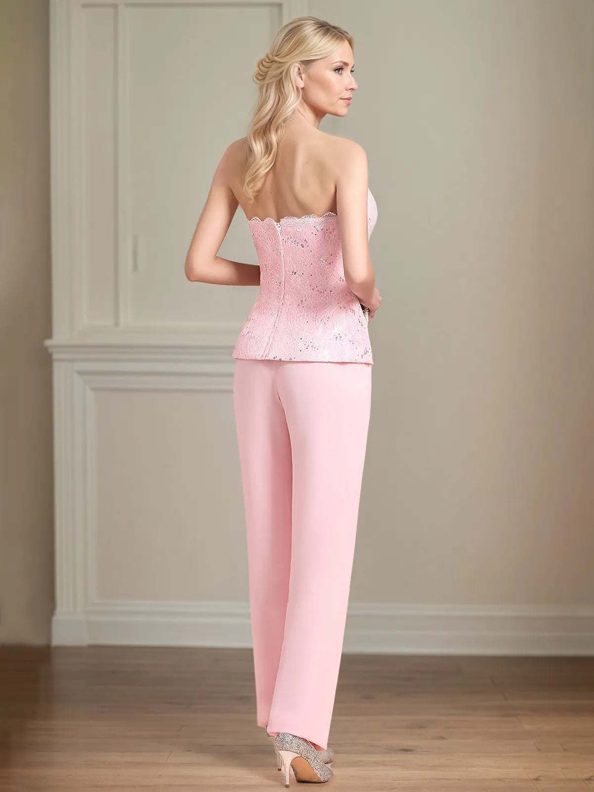 Costume pantalon mère de la mariée en chiffon sans manches épaules dénudées longueur au sol avec appliques