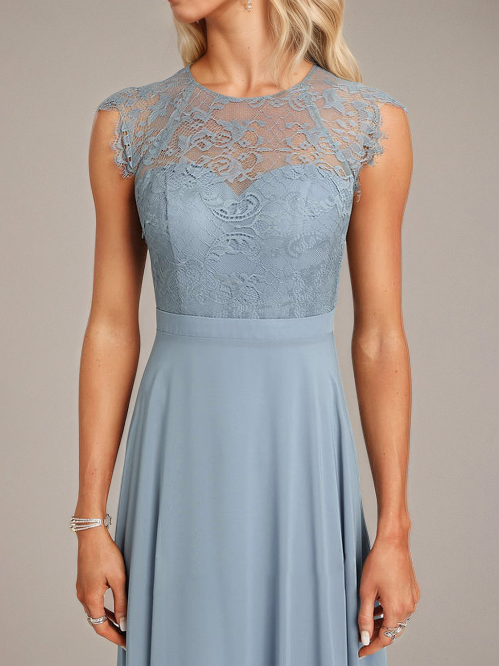 Dusty Blue A-Line Scoop Floor-Length Lace Chiffon Bridesmaid Dress