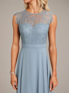 Dusty Blue A-Line Scoop Floor-Length Lace Chiffon Bridesmaid Dress