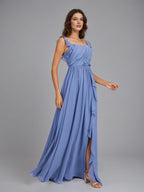 A Line Chiffon Square Neck Floor Length Sleeveless Bridesmaid Dress With Ruffles