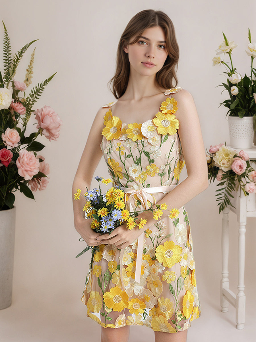 3D Floral Embroidery Tulle V-Neck Lace Mesh Homecoming Mini Dress