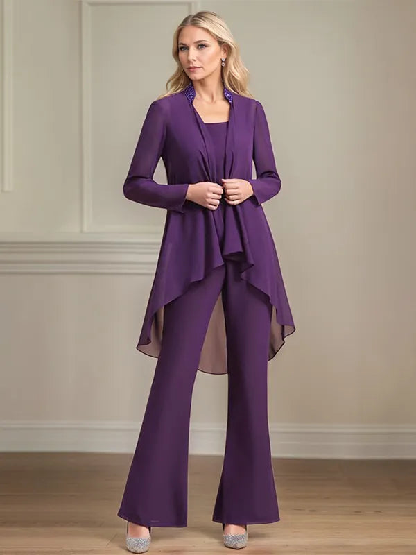 Tailleur pantalone da madre della sposa in chiffon con scollo a U, maniche lunghe e lunghezza fino a terra