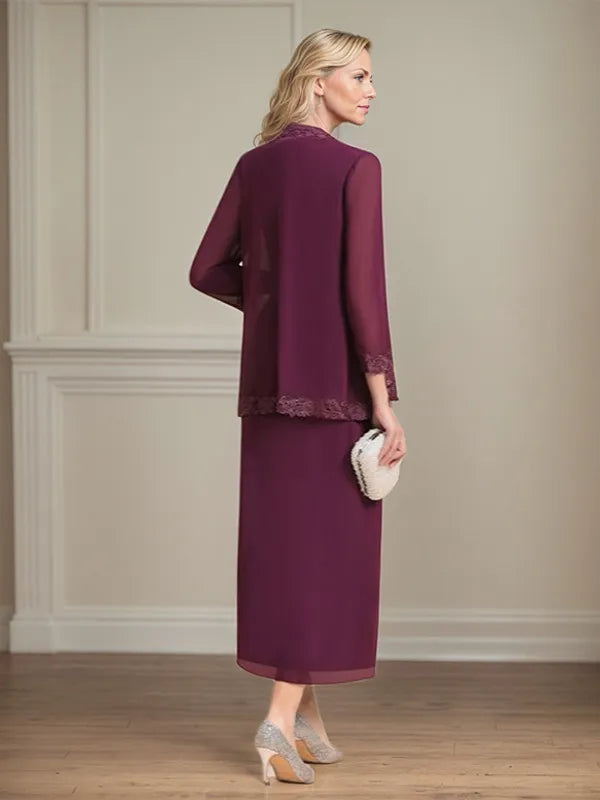 Etui/Column Chiffon V-Ausschnitt 3/4 Ärmel Tea-Length Kleid für die Mutter der Braut