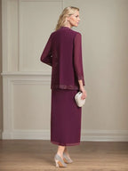 Etui/Column Chiffon V-Ausschnitt 3/4 Ärmel Tea-Length Kleid für die Mutter der Braut
