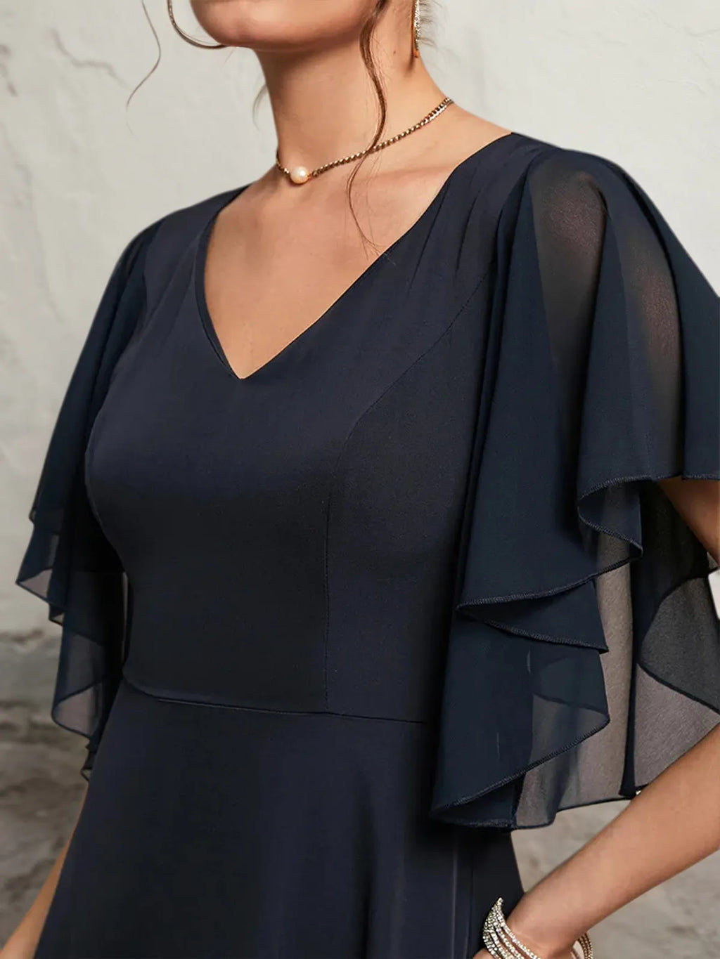 Purplish blue Chiffon V Neck Short Sleeve Bell Sleeve A-Line Midi Dress