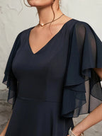 Purplish blue Chiffon V Neck Short Sleeve Bell Sleeve A-Line Midi Dress