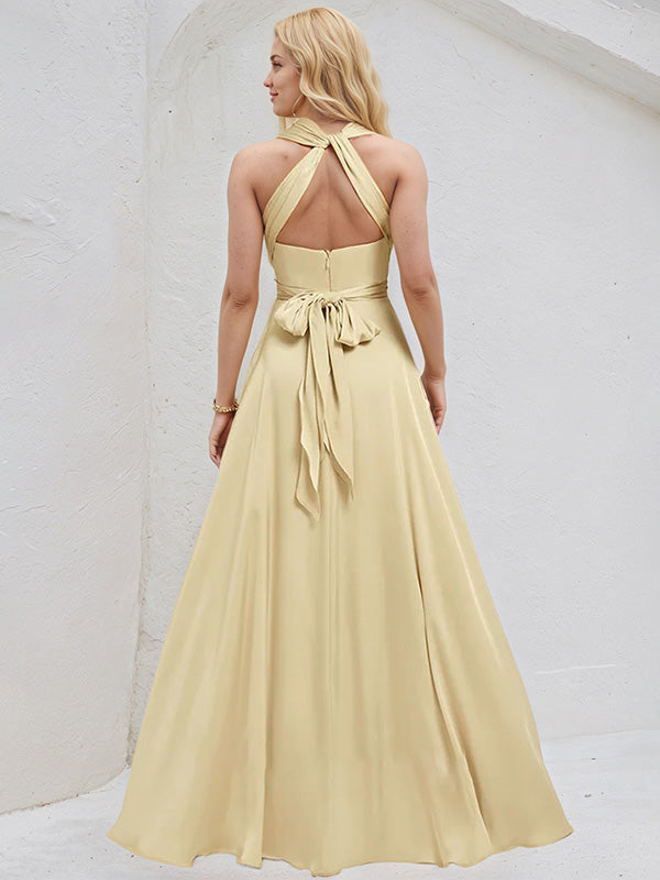 Vestido de Dama de Honra em Cetim Champanhe A Linha com Decote em V, Mangas Curtas e Comprimento ao Chão