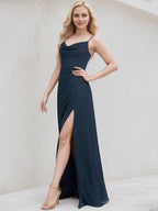 Dark Navy Chiffon A Line Spaghetti Straps Sleeveless Floor Length Bridesmaid Dress