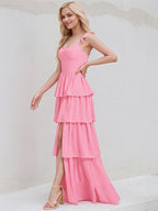 Pink Chiffon A Line V Neck Sleeveless Ruched  Floor Length Bridesmaid Dress