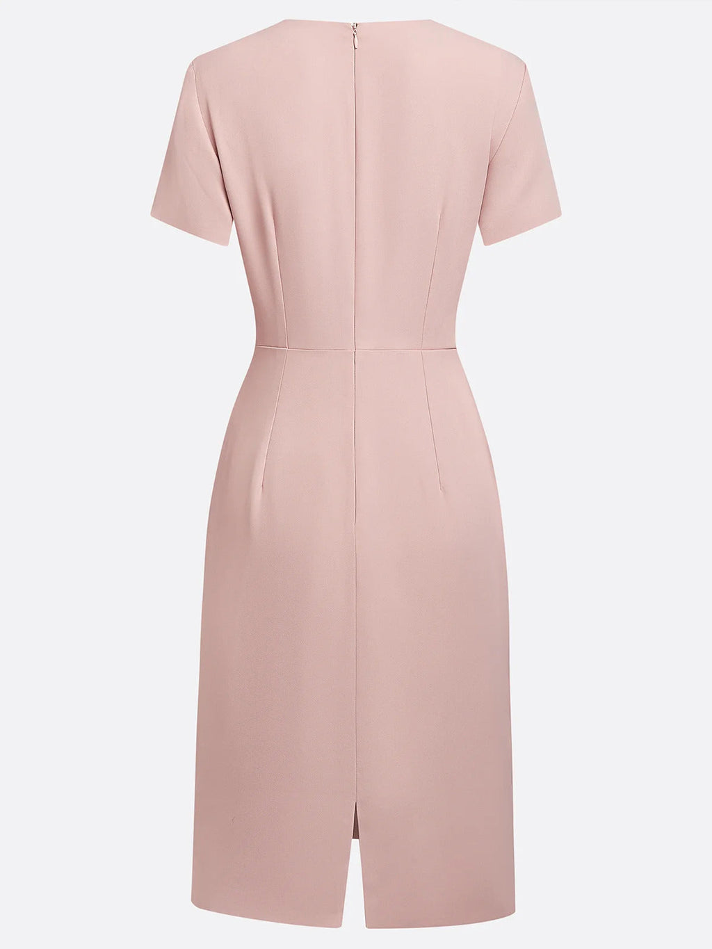 Vestido corto rosa ajustado/columnar de satén con escote en V y mangas cortas hasta la rodilla