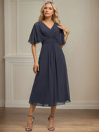 A Line V-Neck Tea-Length Chiffon Dress With Pleated