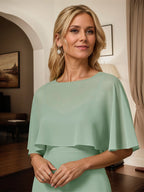 A Line Sage Chiffon Scoop Neck Cape Sleeves Floor Length Dress