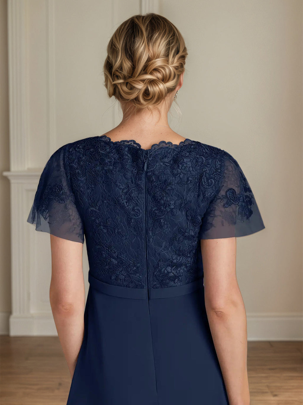 A Line Chiffon V Neck Short Sleeves Floor Length Mother of the Bride Dresses