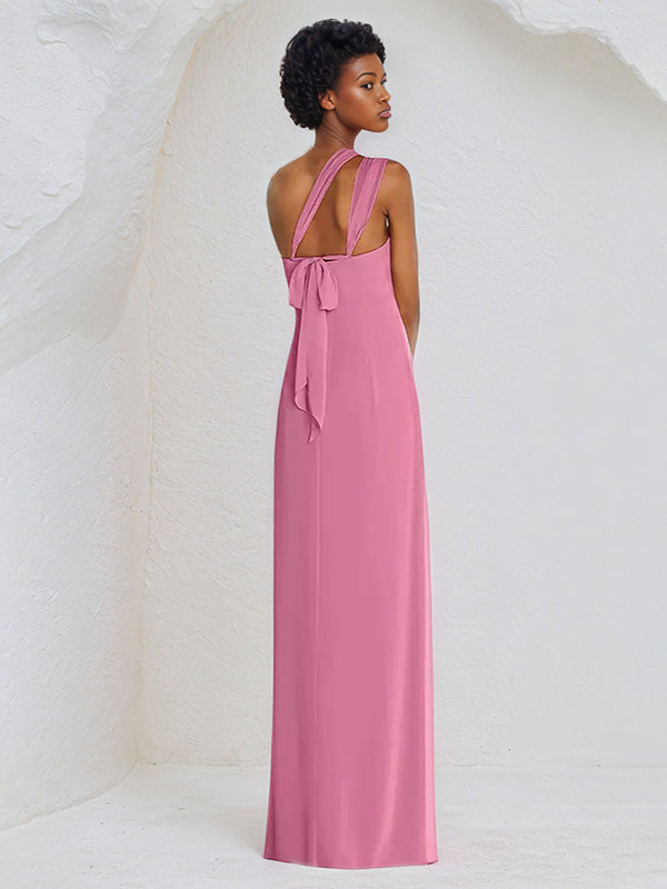 A Line Chiffon Off the Shoulder Sleeveless Floor Length Bridesmaid Dress