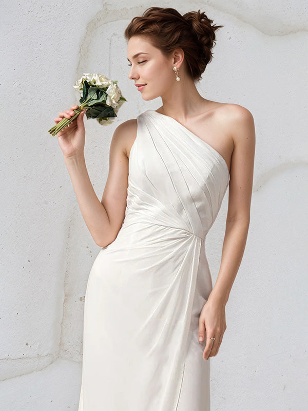 Abito da damigella avorio in chiffon, modello a colonna, monospalla, senza maniche, lungo fino a terra