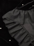 Black Beaded Ruffled Mock Neck Three Quarter Sleeve A-Line Maxi Velvet Dress