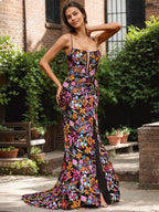 Schwarzes, florales Meerjungfrauen-Korsett-Langes Ballkleid mit V-Ausschnitt, Pailletten und Schlitz
