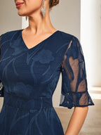 Purplish blue Lace V Neck Short Sleeve A-Line Midi Dress