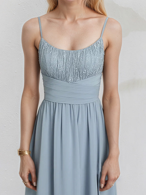 Dusty Blue Chiffon A Line Spaghetti Straps Sleeveless Floor Length Pleated Bridesmaid Dress
