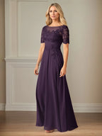 A Line Chiffon Scoop Neck Short Sleeves Floor Length Dress