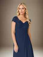A Line Chiffon V Neck Short Sleeves Floor Length Pleated Mother of the Bride Dresses With Sequins