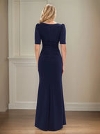 Trumpet/Mermaid Scoop Neck Short Sleeve Floor Length Stretch Crepe Mother of the Bride Dress With Ruffles