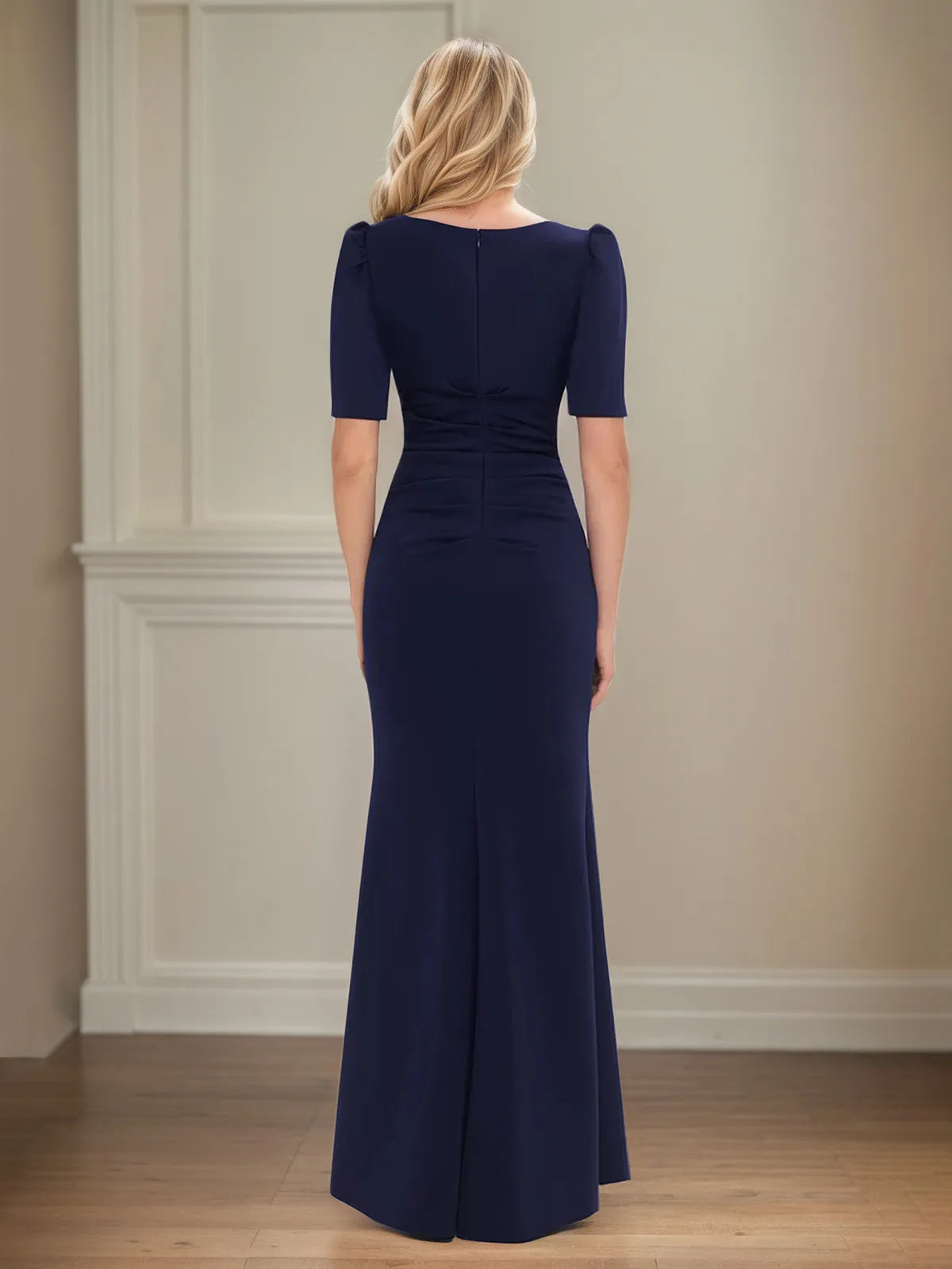 Trumpet/Mermaid Scoop Neck Short Sleeve Floor Length Stretch Crepe Mother of the Bride Dress With Ruffles