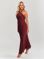 Pflaumenfarbenes Satin-Sheath/Säulen-Kleid mit Neckholder, ärmellos, knöchellang, Brautjungfernkleid