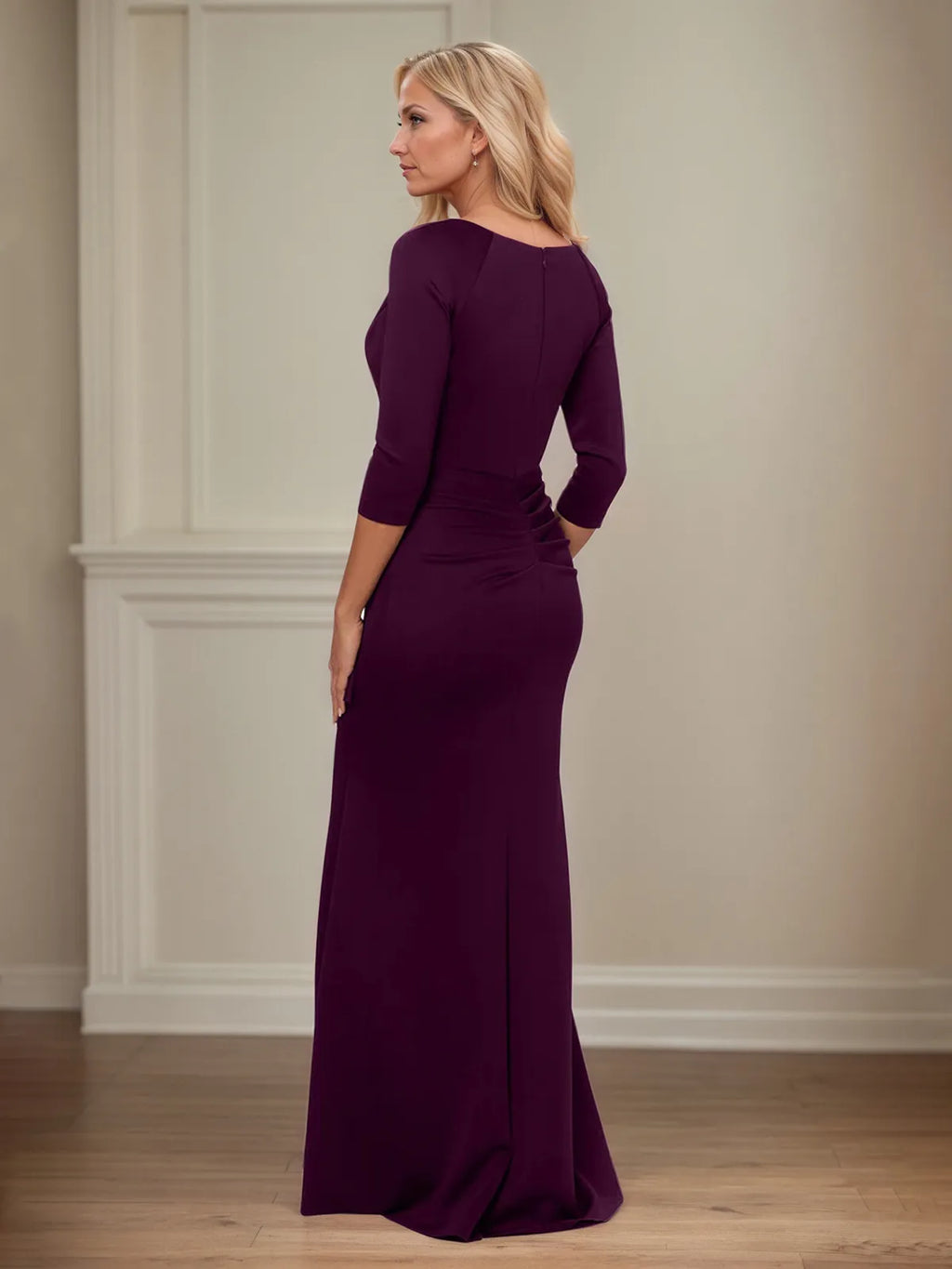 Trumpet/Mermaid V Neck 3/4 Sleeve Floor Length Stretch Crepe Mother of the Bride Dress With Ruffles