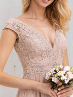 Dusty Rose A-Line V-Neck Floor-Length Lace Chiffon Bridesmaid Dress