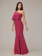 Mulberryfarbenes Etui/Column Chiffon Kleid mit einer Schulter, ärmellos und bodenlang, Brautjungfernkleid