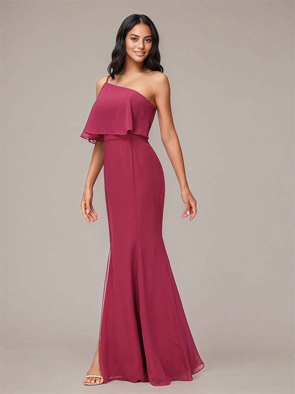 Mulberryfarbenes Etui/Column Chiffon Kleid mit einer Schulter, ärmellos und bodenlang, Brautjungfernkleid