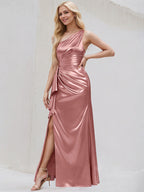 Desert Rose Satin A Line One Shoulder Floor Length Bridesmaid Dress With Ruffle