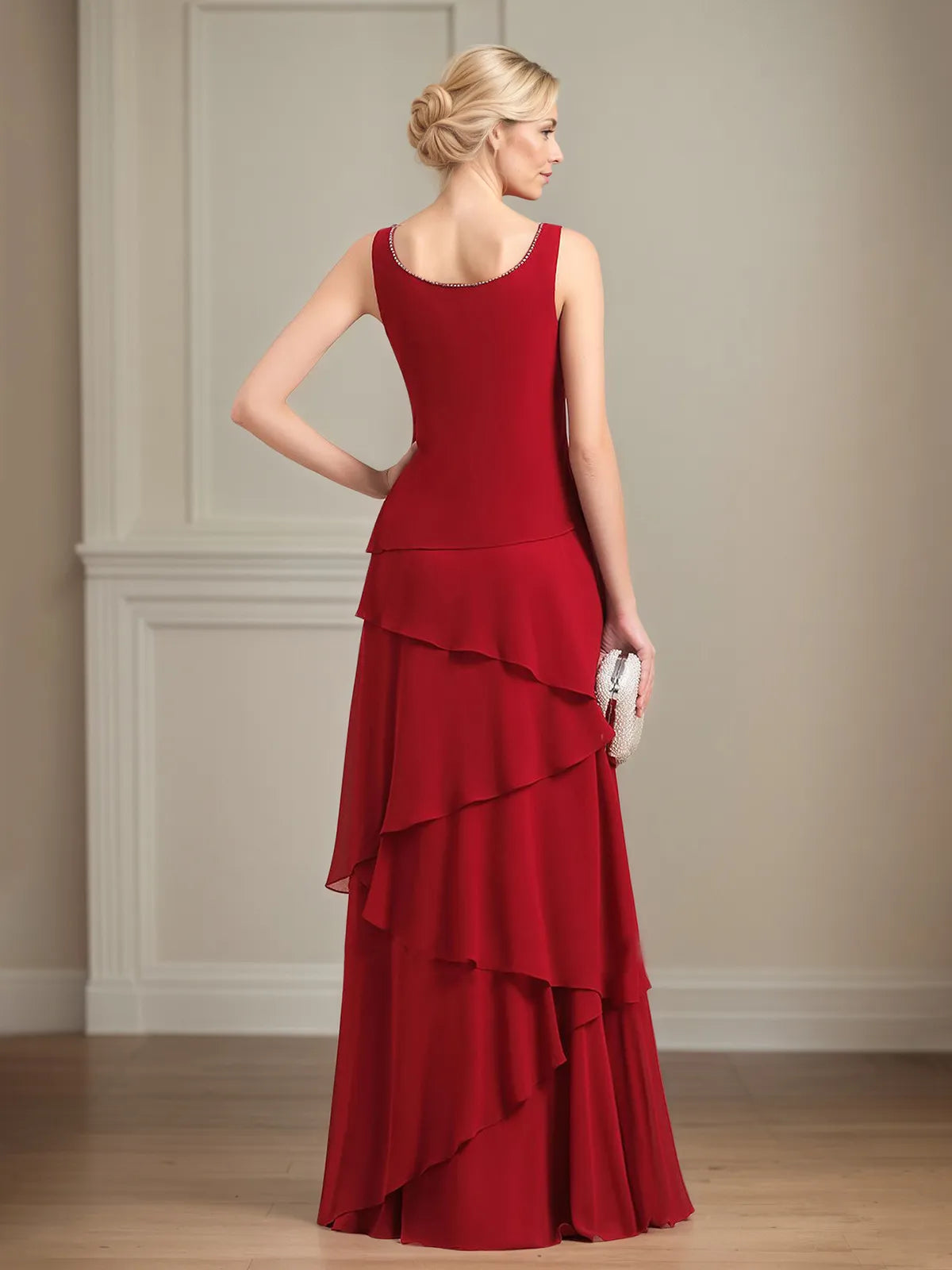 Chiffon-Kleid mit quadratischem Ausschnitt, ärmellos, bodenlang, plissiert, Brautmutterkleid mit Jacke