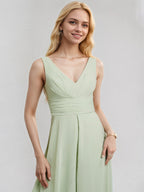 Tuta in chiffon celadon a linea ad A con scollo a V, senza maniche, lunga fino al pavimento, da damigella