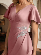 Satin Etuikleid/Säulenkleid mit V-Ausschnitt, kurzen Ärmeln, bodenlang