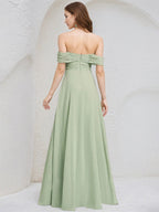 Celadon Chiffon A Line Off the Shoulder Sleeveless Floor Length Pleated Bridesmaid Dress
