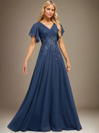 A Line V Neck Floor Length Lace Chiffon Evening Dress With Pleated Sequins