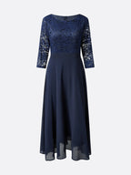 Bläulich-lila Spitzen-Chiffon Kleid mit Rundhalsausschnitt, halben Ärmeln, A-Linie, Midi-Länge