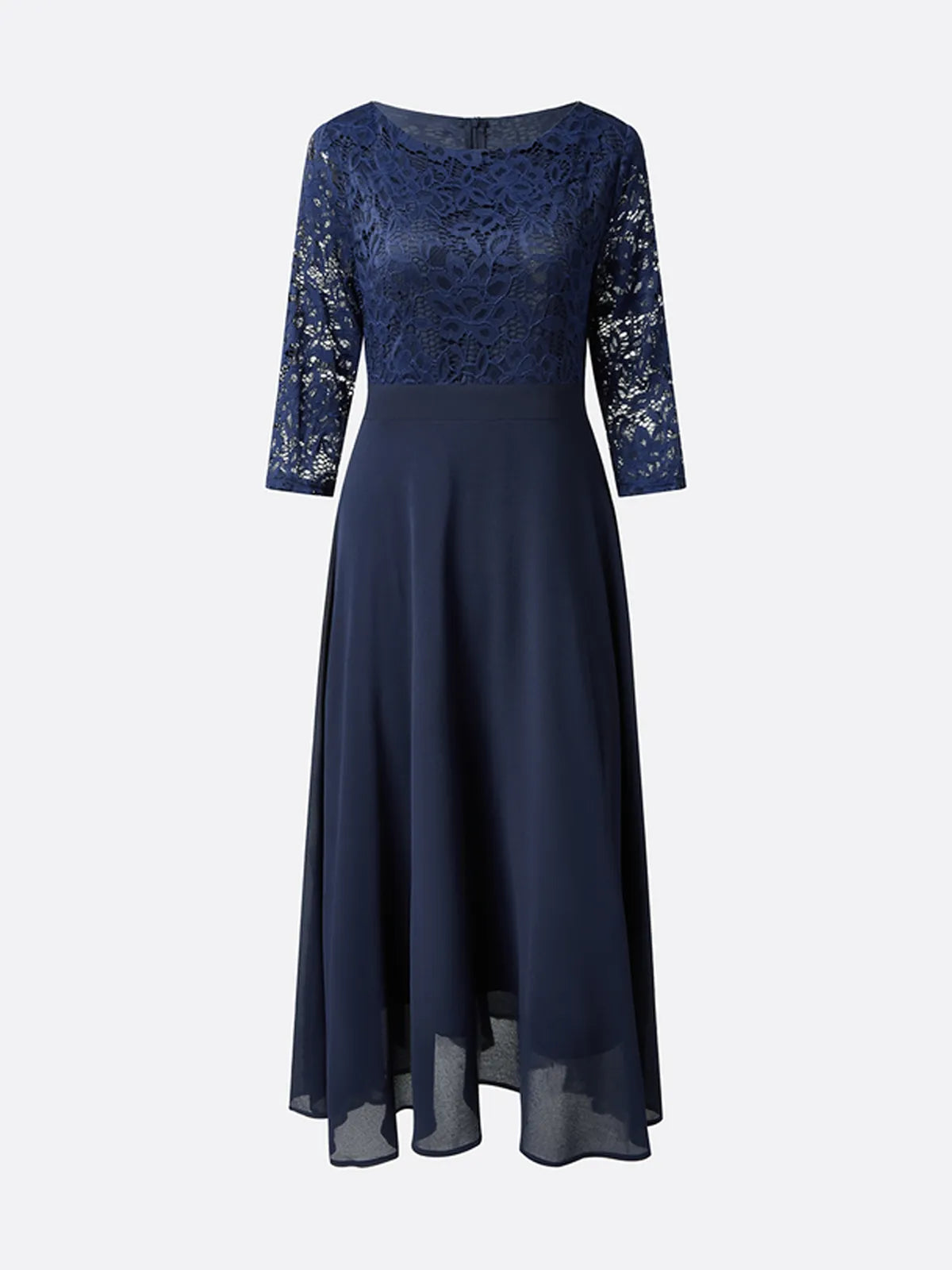 Bläulich-lila Spitzen-Chiffon Kleid mit Rundhalsausschnitt, halben Ärmeln, A-Linie, Midi-Länge