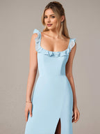 Sheath/Column Chiffon Off The Shoulder Sleeveless Floor Length Dresses With Ruffles