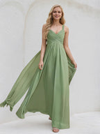 Abito damigella in chiffon basilico a linea A con scollo a V e volant, lunghezza fino al pavimento