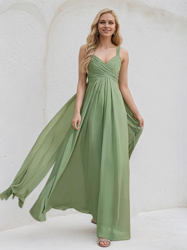 Abito damigella in chiffon basilico a linea A con scollo a V e volant, lunghezza fino al pavimento