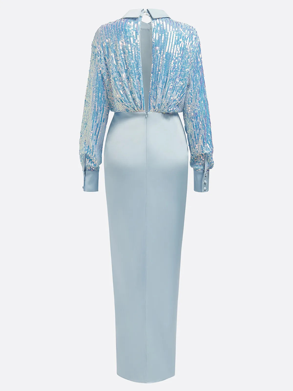 Abito lungo tubino maxi blu con paillettes, collo e maniche lunghe con spacco