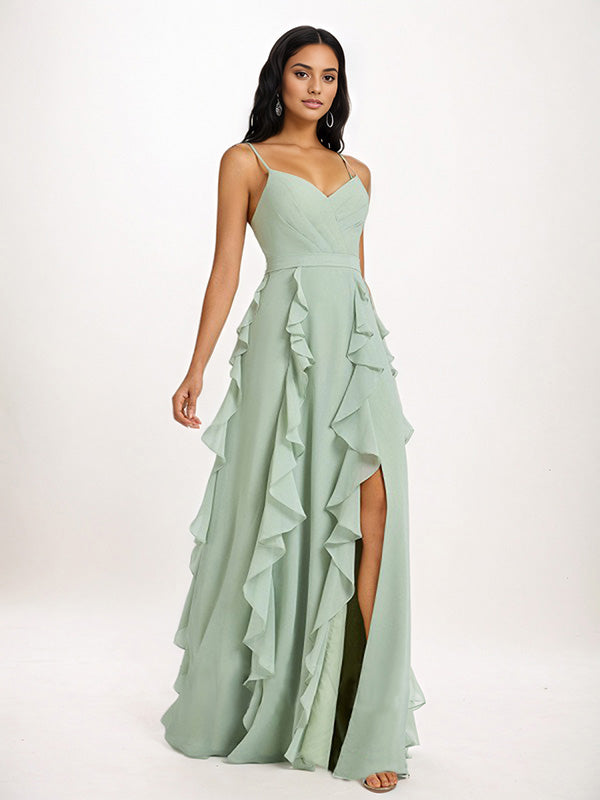 Staubiges Salbei A-Linien V-Ausschnitt Rüschen bodenlanges Chiffon Brautjungfernkleid