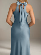 Powder Blue Satin Sheath/Column Halter Neck Sleeveless Ankle Length Bridesmaid Dress