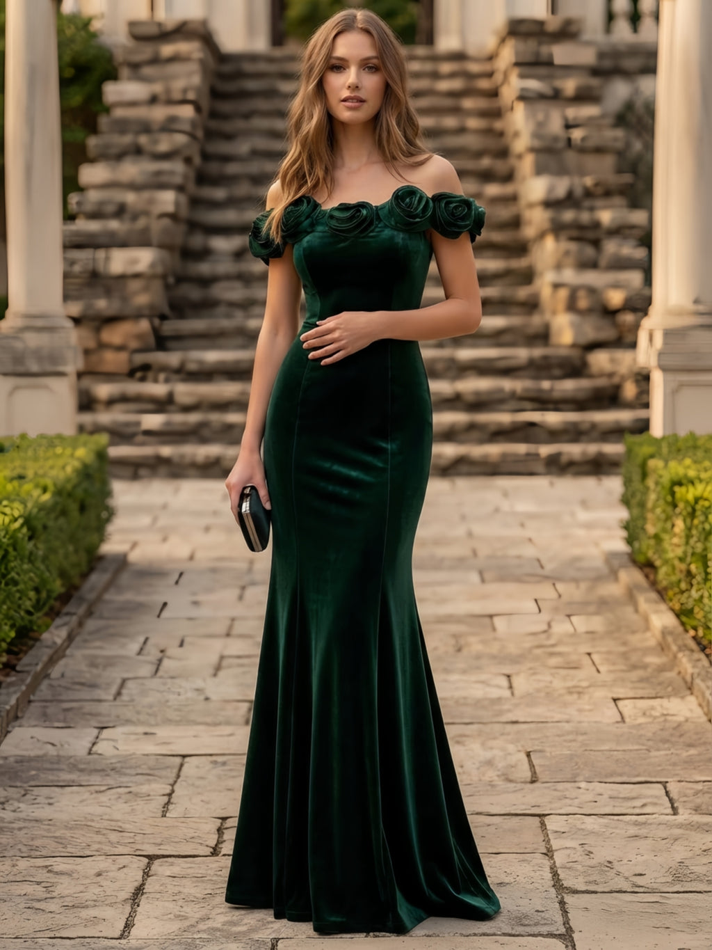 Hunter Green Off-the-Shoulder Rose-Trimmed Velvet Bridesmaid Dress