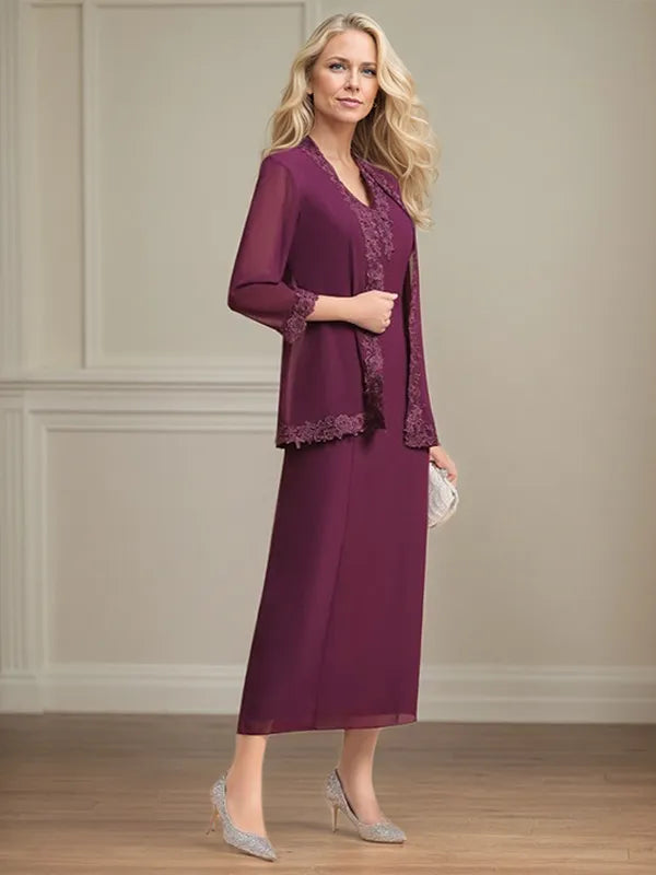 Etui/Column Chiffon V-Ausschnitt 3/4 Ärmel Tea-Length Kleid für die Mutter der Braut