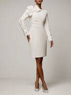Vestido midi blanco ajustado con mangas largas y lazo